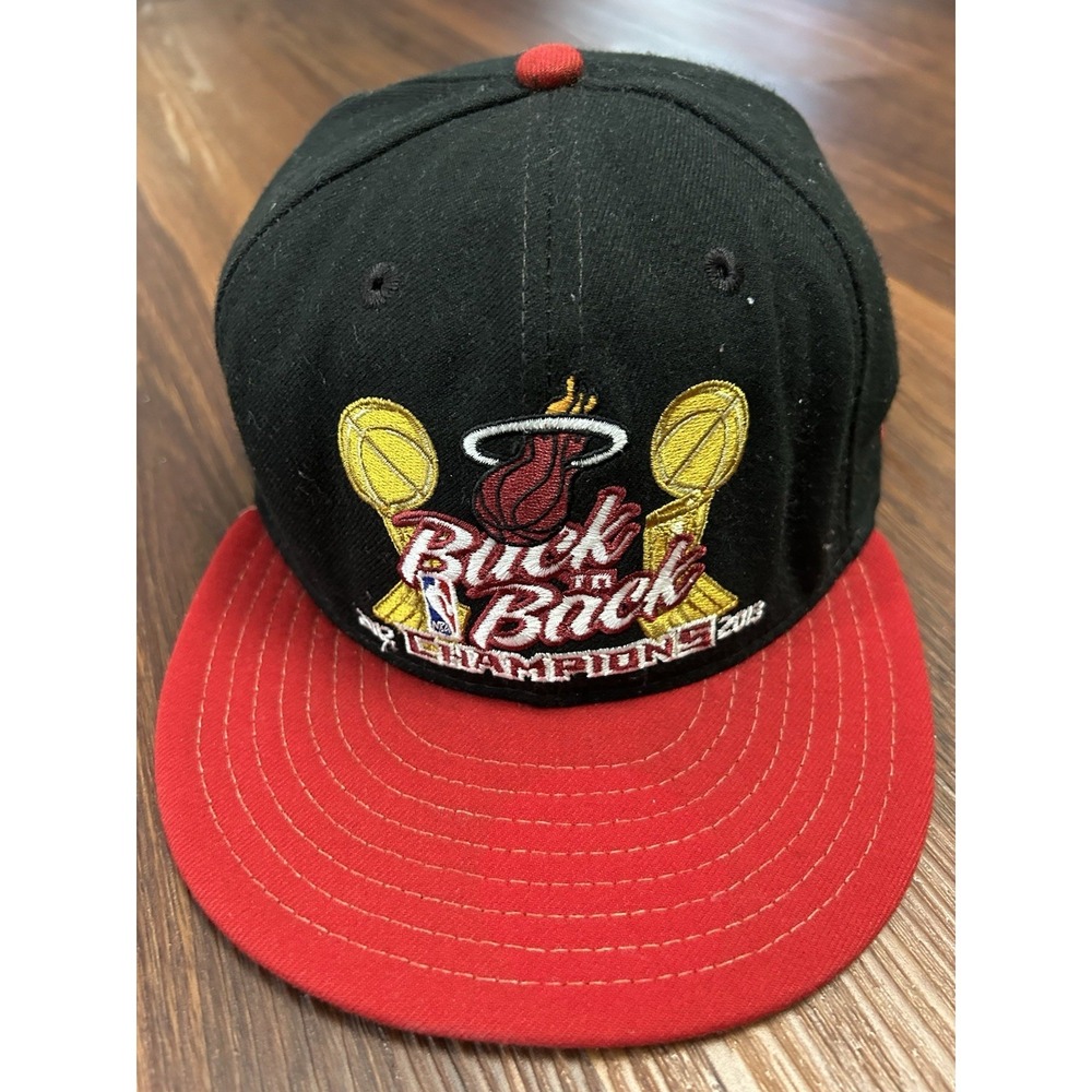 Miami Heat Back To Back Champions 2012-2013 Hat New Era 59Fifty 7 1/8‎ Black Red - Picture 2 of 14